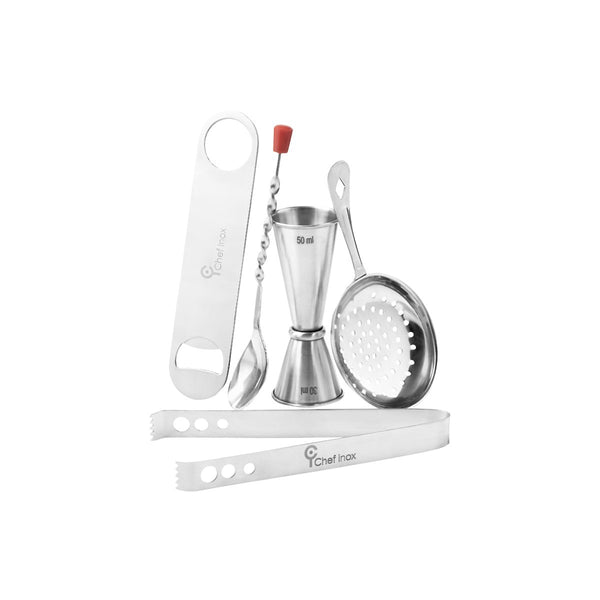 CHEF INOX BAR SET 5pc TONG,JIGGER,STRAINER,OPENER,SPOON S/S
