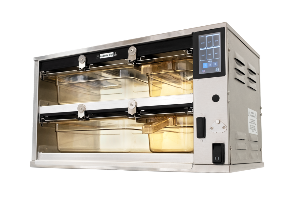 Duke hot hold cabinet, 2 high, 4 wide, 100mm deep, flexible lids