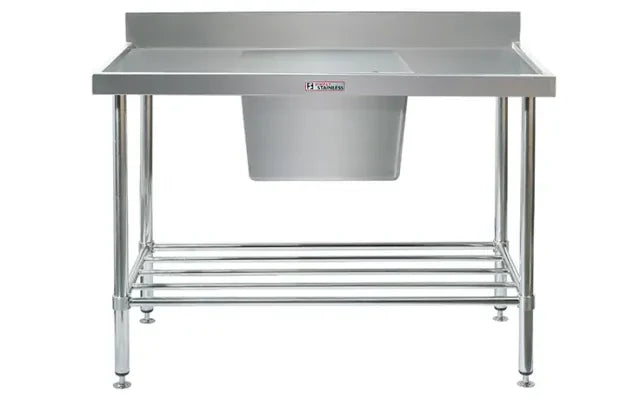 Simply Stainless Single Sink Bench with Splashback 600 Series - 900mm Wide - Large Centre Bowl Includes tube undershelf Large capacity bowl (600 x 450)