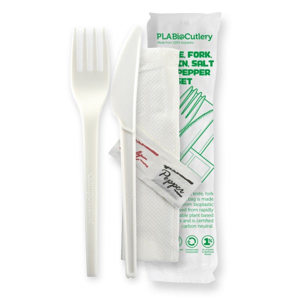 BIOPAK 16.5cm / 6.5" PLA Knife, Fork, Napkin, Salt & Pepper Set 250 Units
