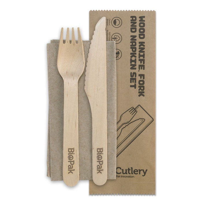 BIOPAK 16cm Coated Wood Knife, Fork & Napkin Set 1000 Units