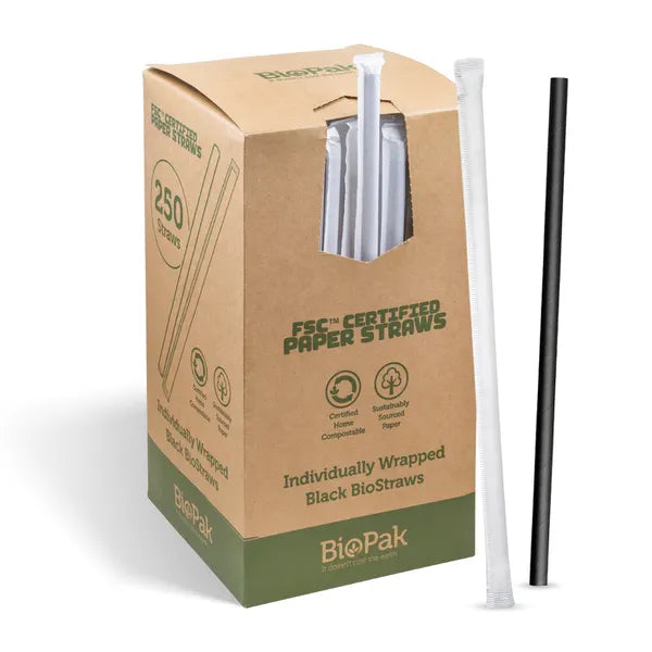 Biopack 7mm Individually Wrapped Regular Black BioStraws 2500 Unit