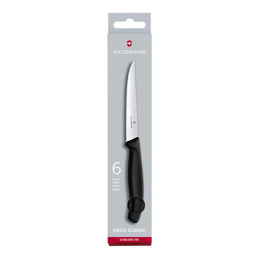 Victorinox Steak Knife,11cm Wavy Edge Pointed 6 pc,Gift Set,Black