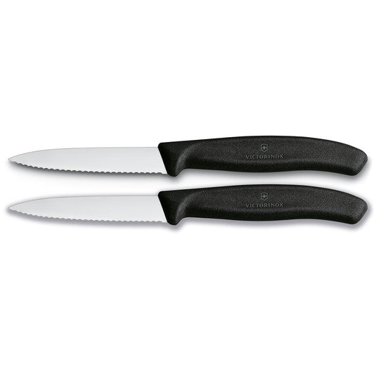 Victorinox Paring Knife,8 cm Pointed Tip,Wavy Edge,2 pc Set,Classic Black