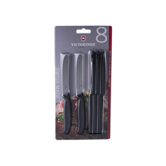 Victorinox Steak & Tomato Knife,11cm Round Tip,Wavy Edge,8 pc Set Classic Black